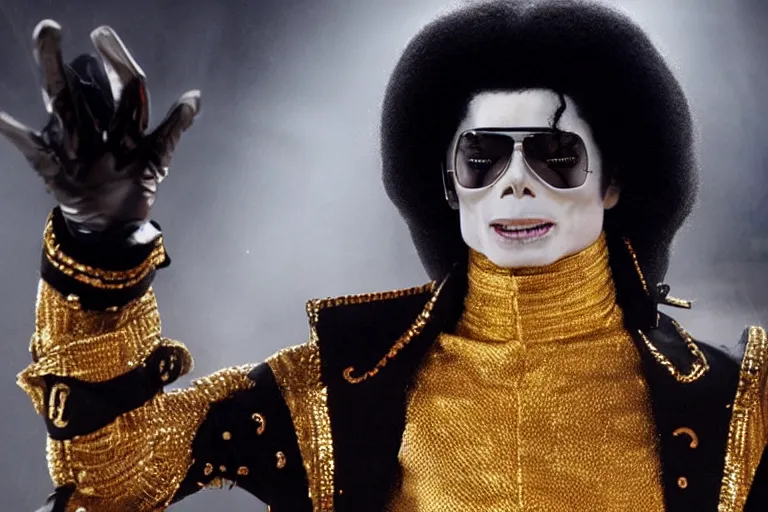 Image similar to Tilda Swinton as Michael Jackson in 'Jackson 5!' (2020), movie still frame, promotional image, imax 70 mm footage, oscar nominated cinematography, volumetric lighting, 8k resolution