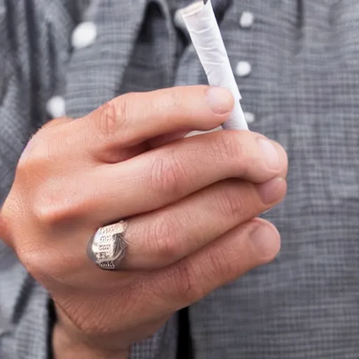 Image similar to a normal male hand with a five-finger ring and a cigarette between the middle and index fingers