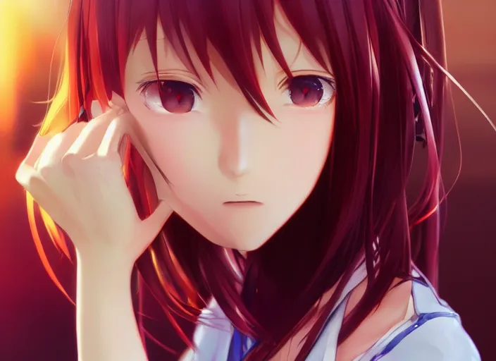 Image similar to photorealistic anime tsundere girl render, detailed face, colorful, atmosphere cinematic, by wlop, by ilyu kuvshinov, soft shadows, be concept art, super detailed, octane render, 8 k, unreal engine 5, super realistic, ufotable studio art style, trending in pixiv, japanese light novel cover, visual novel, website banner