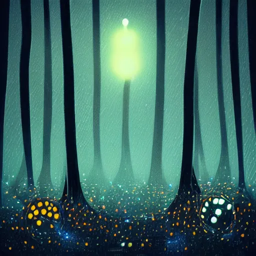 Prompt: forest at night with floating lights, retro science fiction vintage art