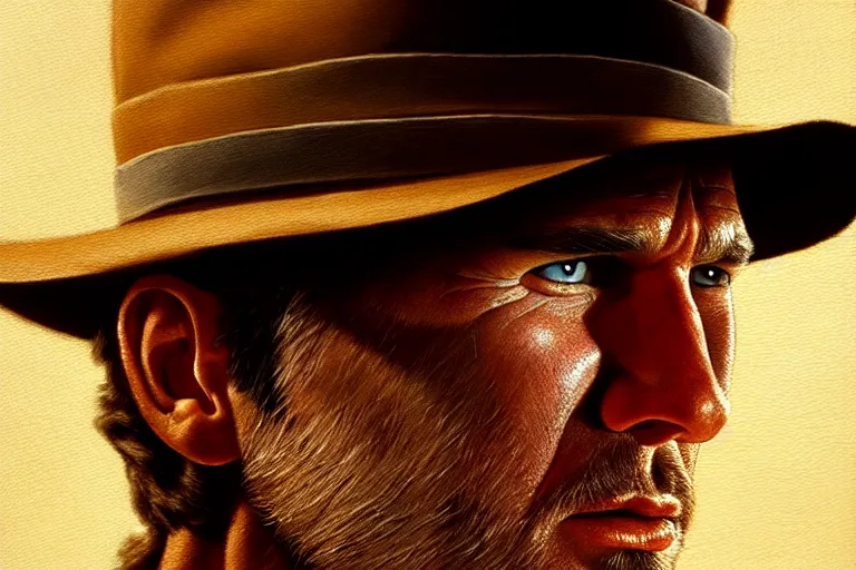 Image similar to hyperrealistic mixed media painting of Indiana Jones, perfect facial symmetry, dim volumetric lighting, 8k octane beautifully detailed render, post-processing, portrait, extremely hyper-detailed, intricate, epic composition, realistic eyes, cinematic lighting, masterpiece, trending on artstation, stunning, art by P. Craig Russell and Barry Windsor-Smith