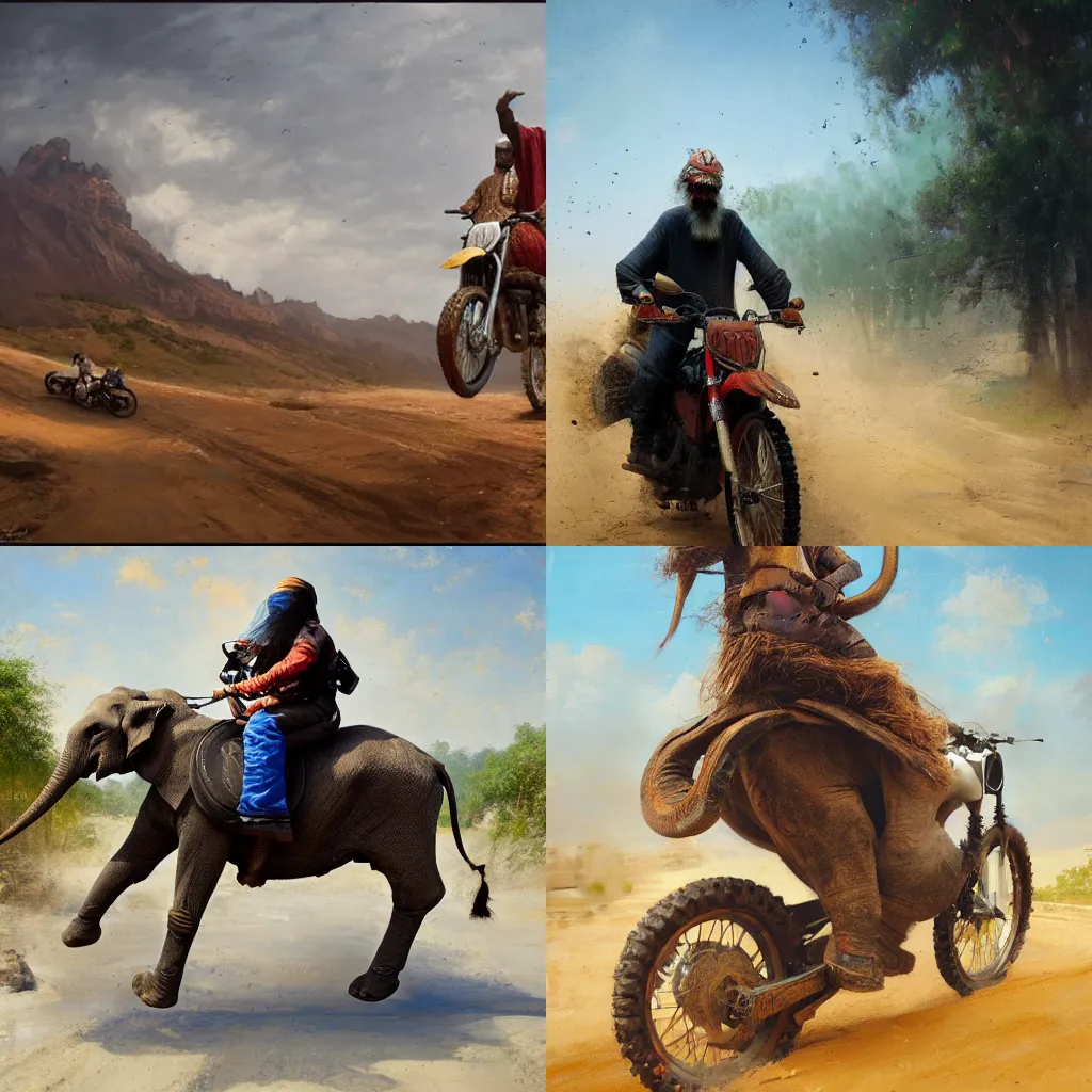 Prompt: Sadhguru riding a Motocross bike besides an 🐘, masterpiece, oil on canvas, by Greg Rutkowski, 8K,