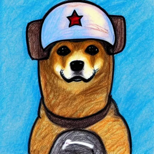 Image similar to A drawing of a Shiba Inu dog wearing a soldier's helmet, color