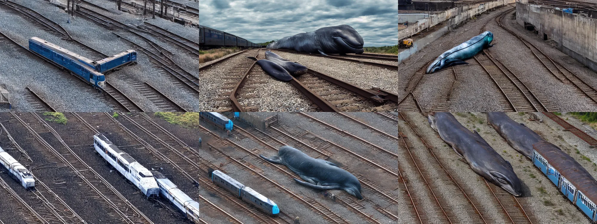 Prompt: a train stopped in front of a dead whale that's blocking the train tracks, highly detailed, 4k, high quality