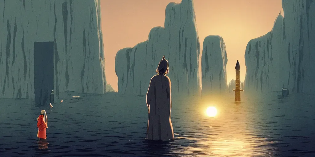 Image similar to a realistic cell - shaded studio ghibli concept art from paprika ( 2 0 0 6 ) of an anthropomorphic dolphin from close encounters of the third kind ( 1 9 7 7 ) in a flooded monument valley stonehenge. a monk in a robe is meditating in the foreground. very dull colors, wide shot, hd, 4 k, hq