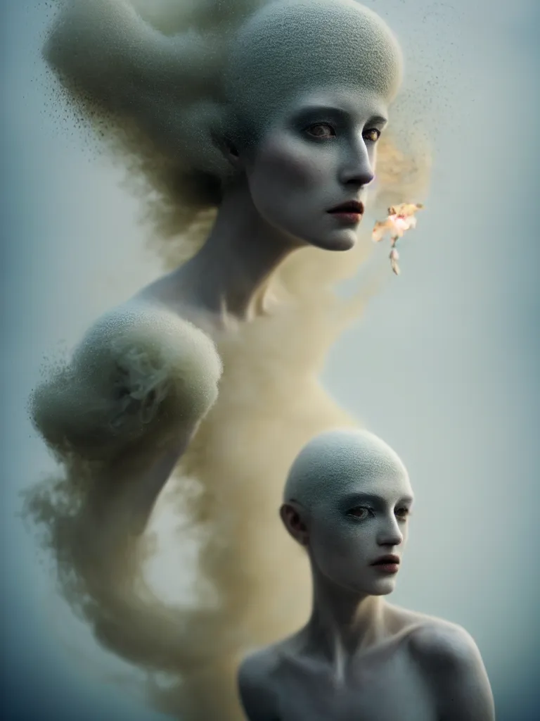 Image similar to kodak portra 4 0 0 fine art portrait by paolo roversi of a dystopian woman hybrid white sand smoke statue in a scenic dystopian environment, sand smoke hair floating in air, dreamy intricate, elegant, highly detailed, digital art, artstation, smooth, sharp focus, tomasz alen kopera, peter mohrbacher, donato giancola, tonal colors