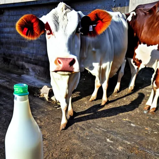 Image similar to bottle of milk and a cow, inside slaughterhouse