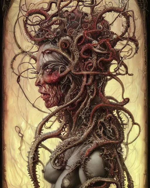 Image similar to centered horrific detailed side view profile portrait of a insane, crazed, mad zombie woman, ornate tentacles growing around, ornamentation, thorns, vines, tentacles, elegant, beautifully soft lit, full frame, by wayne barlowe, peter mohrbacher, kelly mckernan, h r giger