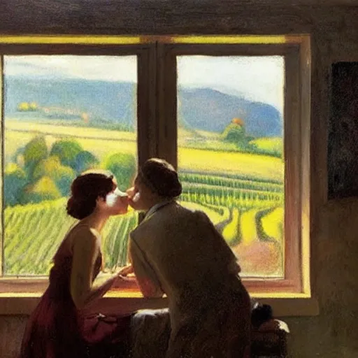 Prompt: a couple kissing, behind them is a window that shows a hilly landscape with vineyards, morning light, dreamy, hopper