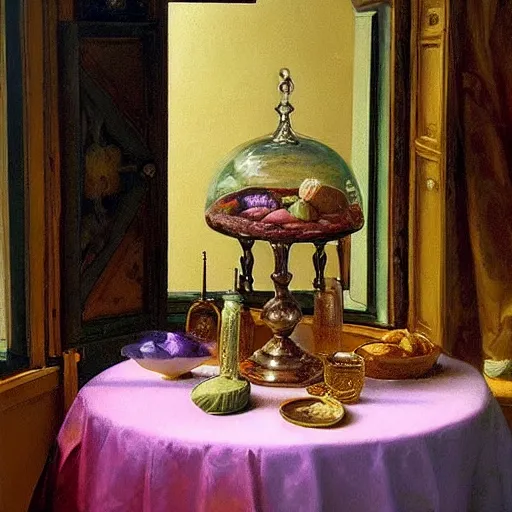 Prompt: still life painting of a miniature tabletop castle under a glass dome, by paulette tavormina and vermeer, intense pastel colors, hyper realistic, detailed, beautiful bright lighting, donato giancola