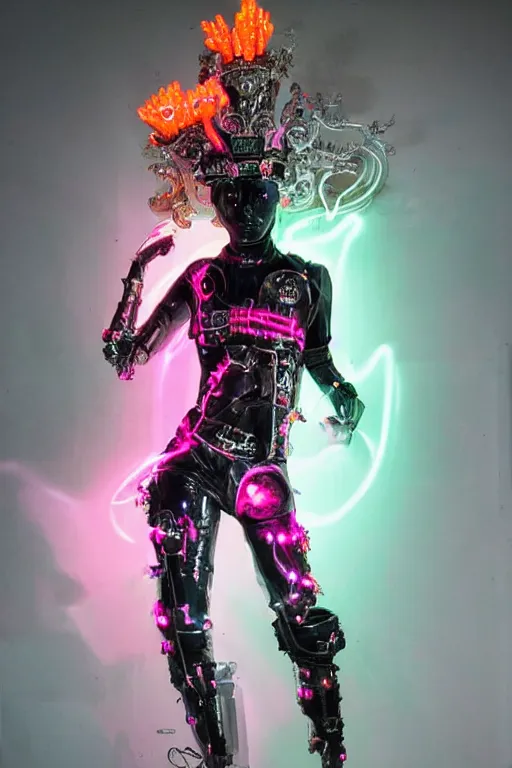 Image similar to full-body rococo and cyberpunk style neon statue of a seductive attractive Spanish android sin ropa in a macho heroic pose, bem dotado, piroca, pecho peludo, ethereal white dripping tar, glowing orange lasers, pink tigers, glowing eyes, silver prince crown, black gears, pink diamonds, swirling mint-colored silk fabric. futuristic elements. full-length view. human skulls. large intricate artwork by caravaggio. trending on cgsociety, trending on artstation, octane render, cinematic lighting from the right, hyper realism, octane render, 8k, depth of field, 3D