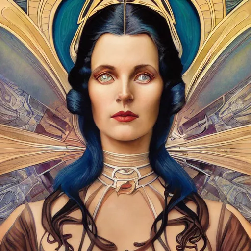 Image similar to an art nouveau, ( streamline moderne ), multi - racial portrait in the style of donato giancola and anna dittmann and charles dulac. very large, clear, expressive, and intelligent eyes. symmetrical, centered, ultrasharp focus, dramatic lighting, photorealistic digital matte painting, intricate ultra detailed background.