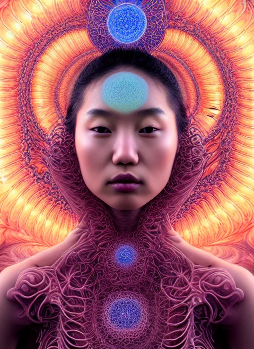Prompt: ridiculously beautiful young asian woman tripping by irakli nadar, layers of coral and light fractals radiating behind with sacred geometry, cosmic, natural, awakening, symmetrical, in the style of ernst haeckel and alex grey, effervescent, warm, photo realistic, epic and cinematic