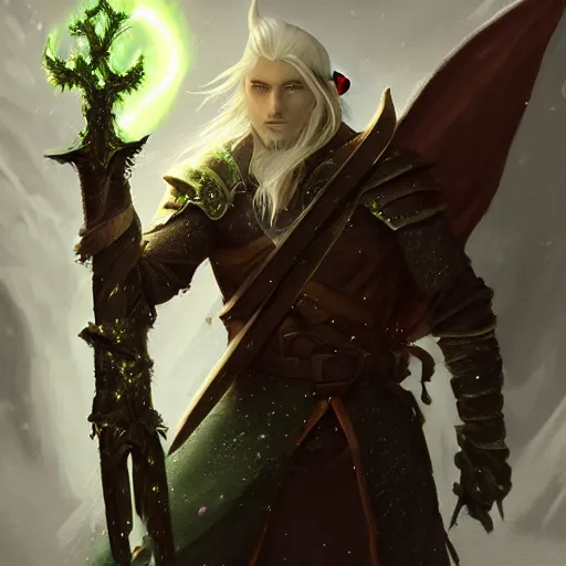 Prompt: High Fantasy dramatic portrait painting of a white haired male elf walking through the snow with a glowing green sword in his hand, leg high, face showing, full body, fantasy clothing, cgsociety, trending on artstation, dnd
