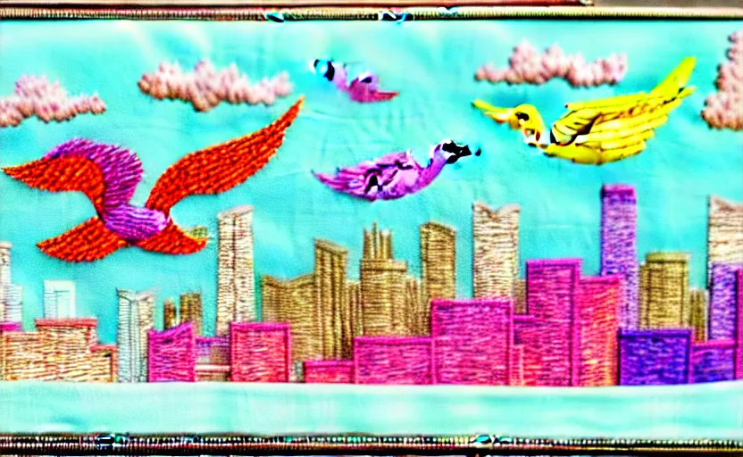 Prompt: building along a river, seen from the long distance. matte paper and embroidery fabric collage. huge flamish baroque maximalist birds flying. highly detailed childrenbook illustration in interesting unusual pastel tones.