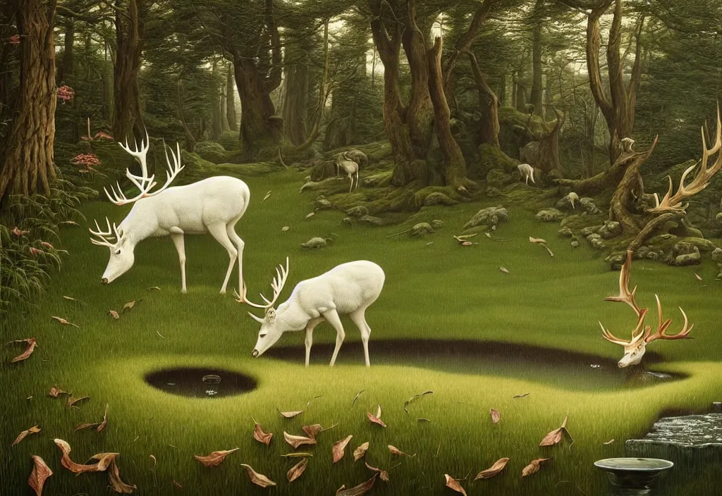 Image similar to hyper detailed 3d render like a Oil painting - white stag drinking from a small pool in a peaceful lush meadow, by Jacek Yerka, Mariusz Lewandowski, Houdini algorithmic generative render, Abstract brush strokes, Masterpiece, Edward Hopper and James Gilleard, Zdzislaw Beksinski, Mark Ryden, Wolfgang Lettl, hints of Yayoi Kasuma, octane render, 8k