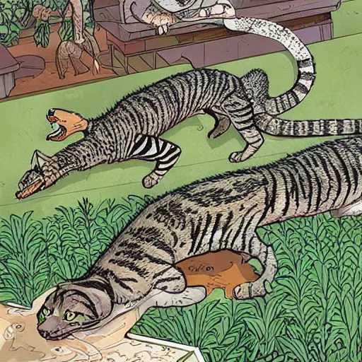 Image similar to tabby cat alligator pool “ geoff darrow ” production art