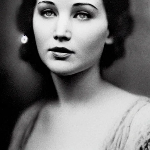 Image similar to headshot edwardian photograph of jennifer lawrence, angelina jolie, 1 9 2 0 s film actress, realistic face, 1 9 1 0 s, grainy, victorian, soft blur