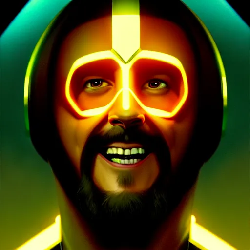 Image similar to tron legacy jesus laughing, diffuse lighting, hyper realistic, concept art, intricate, hyper detailed, smooth, sharp focus, illustration, trending on artstation, art by greg rutkowski and james gurney and alphonse mucha