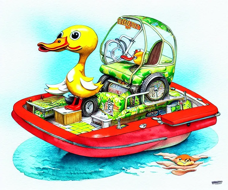 Prompt: cute and funny, duck riding in a tiny amphibious boat with wheels, ratfink style by ed roth, centered award winning watercolor pen illustration, isometric illustration by chihiro iwasaki, edited by craola, tiny details by artgerm and watercolor girl, symmetrically isometrically centered