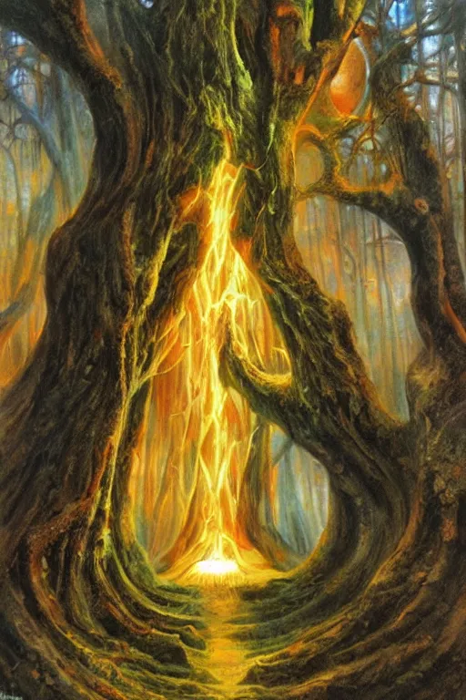 Prompt: a glowing portal to the underworld in a big old tree, concept art by boris vallejo