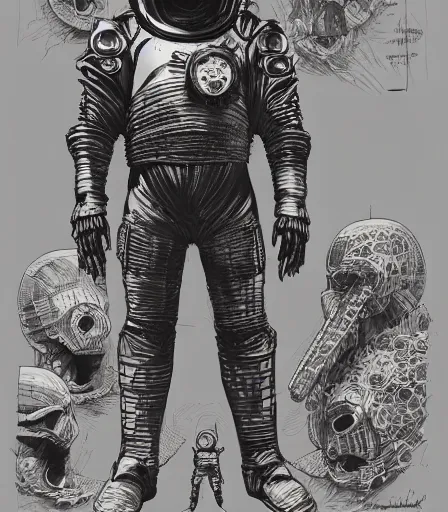 Image similar to Knights Templar wearing space power suit concept art, pen and ink, intricate line drawings, by John Harris, Emil Melmoth, Craig Mullins, yoji shinkawa, artstation, moebius comic, Marc Simonetti, lan McQue, Kentaro, Miura, hyper detailed, cinematic