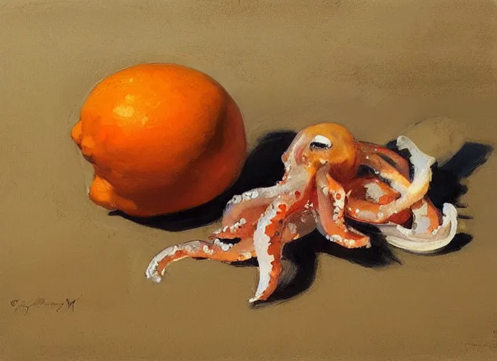 Image similar to “ a highly detailed beautiful portrait of a squid peeling an orange, by gregory manchess, james gurney, james jean ”