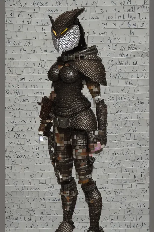 Image similar to female adventurer in tight full - body sticky note stack chainmail - style paper armor made out of several hundred sticky note stacks and a white porcelain crow mask, trending in artstation, japanese, artstation, establishing shot