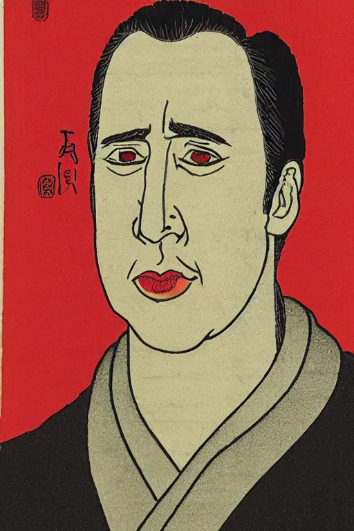 Prompt: Portrait of Nicholas Cage, Japanese coloured woodblock print