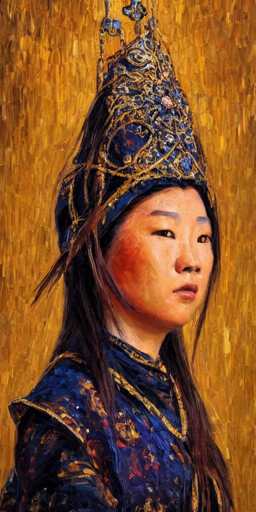 Prompt: Highly detailed and cinematic Post-impressionist style oil painting of an Mongolian princess face portrait, an oil painting ((masterpiece)) by ((Josep Tapiró Baró)), RPG portrait, dynamic lighting, 8K