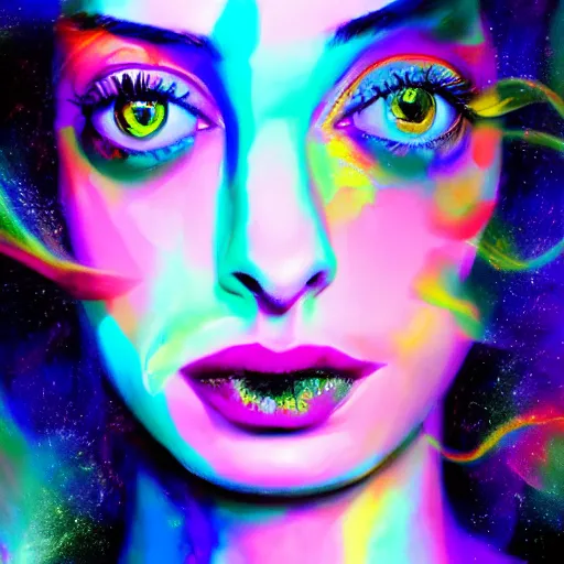 Image similar to surreal Anne Hathaway covered in chromatic distortions standing in mysterious place, beautiful, pscychodelic, trending on artstation, artwork by Hughes, Edward Robert