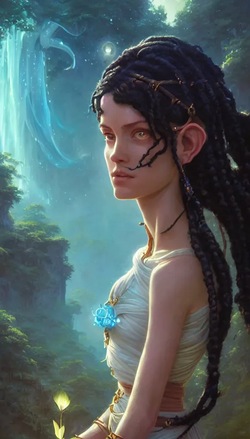 Image similar to highly detailed portrait of beautiful goddess in avatar, stephen bliss, unreal engine, fantasy art by greg rutkowski, loish, rhads, ferdinand knab, makoto shinkai and lois van baarle, ilya kuvshinov, rossdraws, tom bagshaw, global illumination, radiant light, detailed and intricate environment