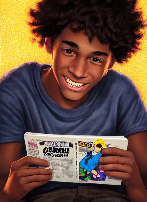 Image similar to portrait of teenage chuck clayton, black teenage boy, very short curly hair, very short hair, square jaw, slight excited smile, reading archie comic book, intricate, elegant, glowing lights, highly detailed, digital painting, artstation, concept art, smooth, sharp focus, illustration, art by wlop, mars ravelo and greg rutkowski