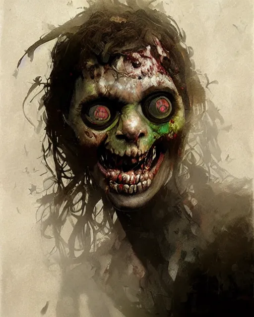 Image similar to hyper realistic photo portrait laughing lunatic zombie cinematic, greg rutkowski, james gurney, mignola, craig mullins, brom