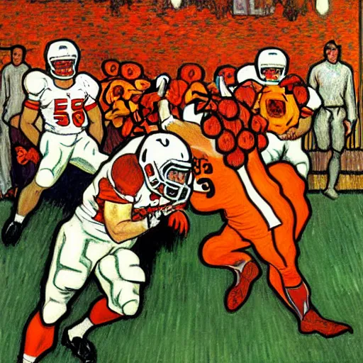 Prompt: painting of arkansas razorbacks players using a pumpkin as a football at the halloween jack o'lantern party, elegant, clear, painting, stylized, delicate, soft facial features, art, art by alphonse mucha, vincent van gogh, egon schiele