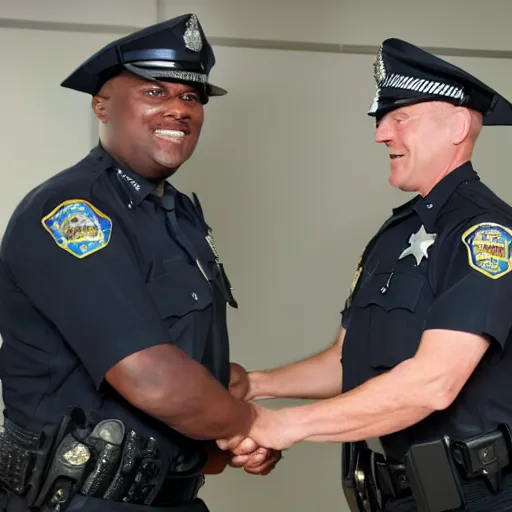 Image similar to A police officer shaking hands with a sheriff, photorealistic