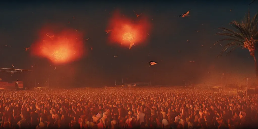 Image similar to realistic cinematic views of a orwellian coachella with fires in the background and dead seagulls falling from the sky in front of the main stage, realistic, cinematic, newspaper, dramatic lighting, depth of field background by victor mosquera, misty, terror glow, unreal engine 5 render, 3 5 mm film grain