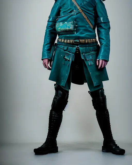 Image similar to an award - winning photo of a male model wearing a plain baggy teal distressed medieval designer menswear dutch police jacket slightly inspired by medieval armour designed by raf simons, 4 k, studio lighting, wide angle lens