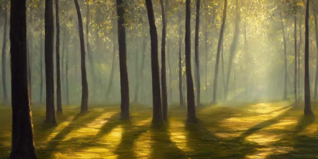 Image similar to An oil painting of an intensely beautiful forest in the morning; rays of light coming through the canopy; trending on artstation; extraordinary masterpiece!!!!!!