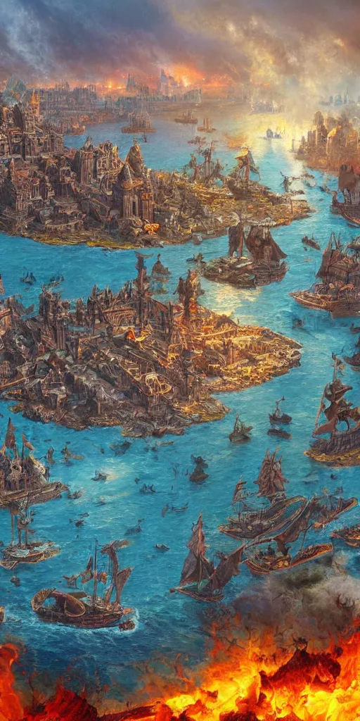 Prompt: a fire aztec city in a island lake, surrounded by 15th century ships, ultra detailed, high quality,oil painting, artstation award winner, digital painting, 8k, vibrant, ultra detailed water