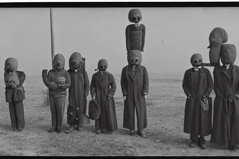 Image similar to vintage photo of villagers wearing weird masks by hilla becher, eerie, bizarre, highly detailed shot, dramatic 8 k uhd