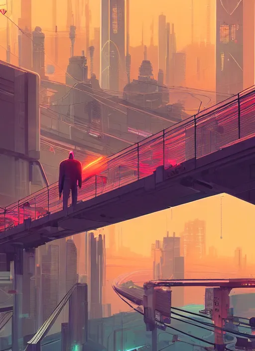 Image similar to a man standing on top of a bridge over a city, cyberpunk art by james gilleard, cgsociety, retrofuturism, synthwave, cityscape, 2 d game art