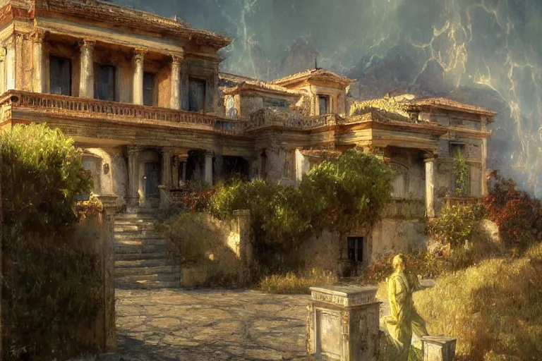 Image similar to A villa on sicily , moody scene, highly detailed, intricate, sharp details, dystopian mood, 1950 scene by gaston bussiere, craig mullins, somber lighting, drawn by Giacomo Burattini, inspired by graphic novel cover art, hyperrealistic, 8k by RHADS