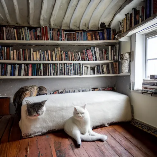 Image similar to Sheepskin lined walls. A pale, blue-veined ceiling. An old bed. Shelves of books and scrolls. The room was a small one in the corner of the Keep's oldest wing. The whiskered face of a gray cat gazed from a window as she sank into it. Her hands were still shaking. But now they trembled with anger more than fear.