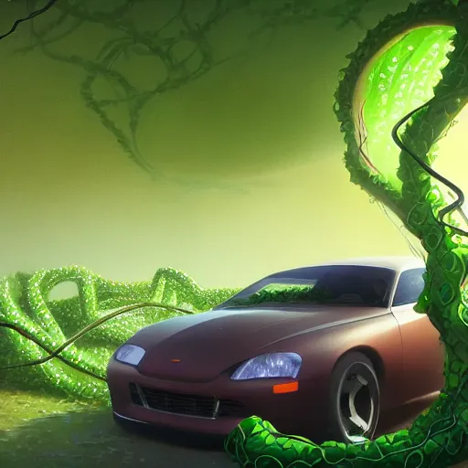 Prompt: a car wrapped in vines around the center, heonhwa choe, realistic, artstation, hd