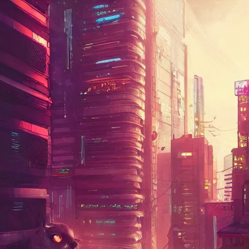 Prompt: cyberpunk cityscape with cute cat sitting straigh in window of motel room, illustrated by james warhola and greg rutkowski