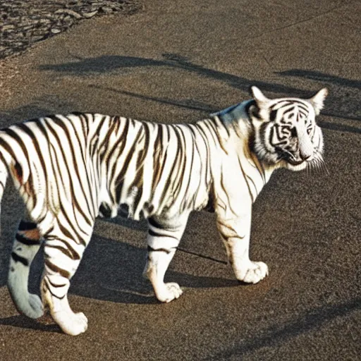 Image similar to a low angle photo of a white tiger fox hybrid, at the golden hour, sunset, sunrise, warm lighting, strongshadows, photo by slim aarons, award winning, 4 k, from below, worms - eye - view, low angle