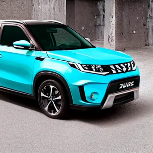 Prompt: turquoise suzuki vitara from 2 0 2 0 sitting in an underground parking