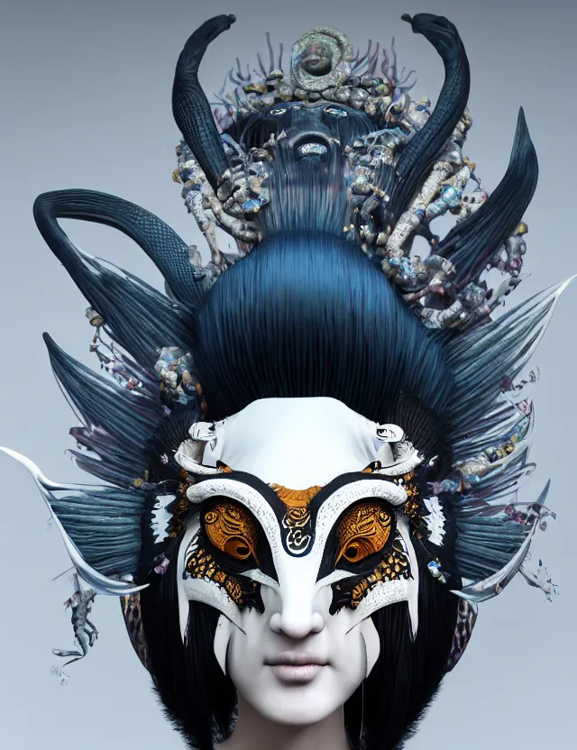 Image similar to 3 d goddess close - up profile portrait punk with mohawk with ram skull. beautiful intricately detailed japanese crow kitsune mask and clasical japanese kimono. betta fish, jellyfish phoenix, bio luminescent, plasma, ice, water, wind, creature, artwork by tooth wu and wlop and beeple and greg rutkowski