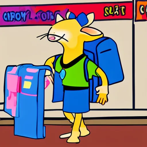 Image similar to cartoon of a rat in school uniform on his first day of school, highly detailed, colourful